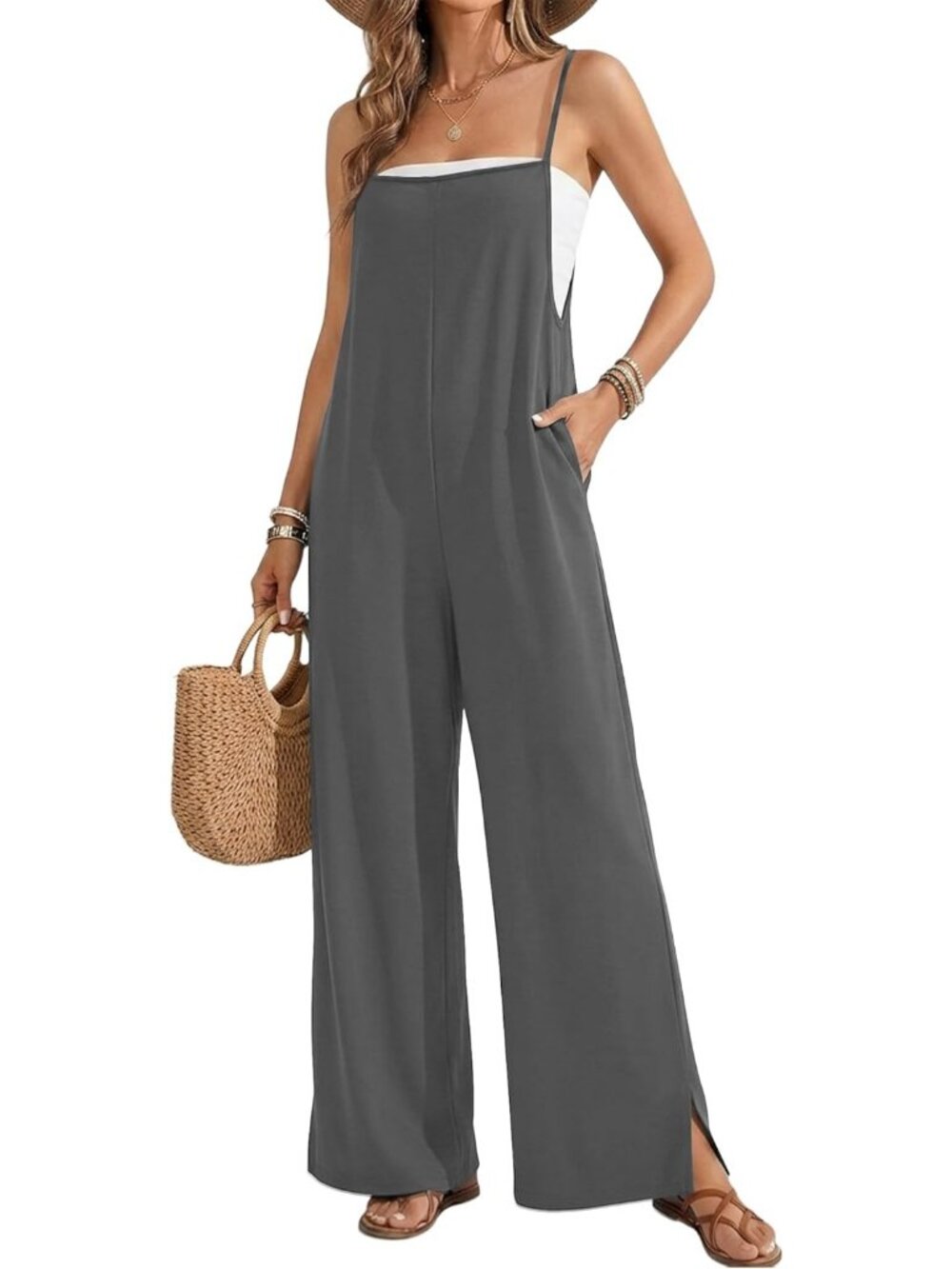 Women Jumpsuits Dark Gray Casual Summer Wide Leg Sleeveless Rompers With Pockets